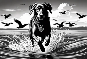 bird dog retrieving duck from marsh tattoo idea