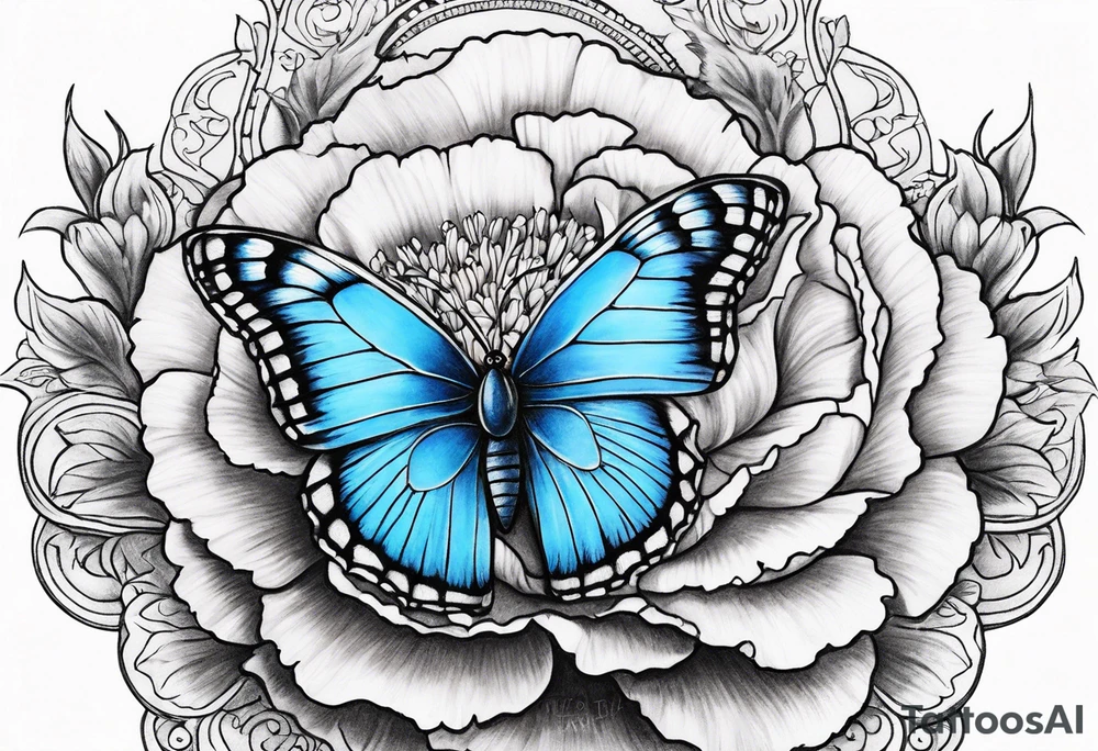 Blue butterfly full moon carnations tattoo idea