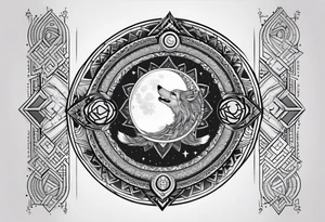 Forearm futuristic Mandala theme design with moon and wolves and arabic words tattoo idea