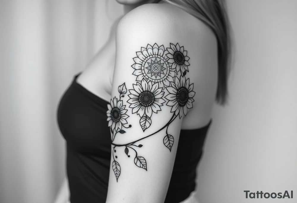 Dainty Bohemian stylized sunflowers growing along an infinity symbol shaped vine with a mandala in the background tattoo idea