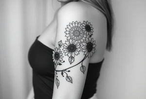 Dainty Bohemian stylized sunflowers growing along an infinity symbol shaped vine with a mandala in the background tattoo idea