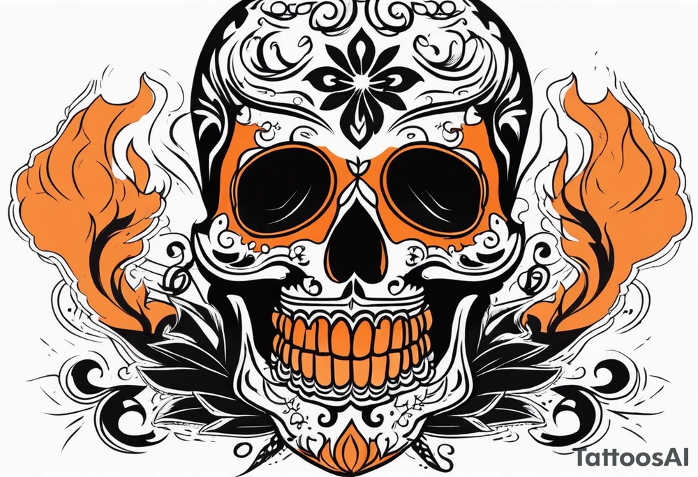 Mexican skull with smoke coming out of the bottom orange and black tattoo idea