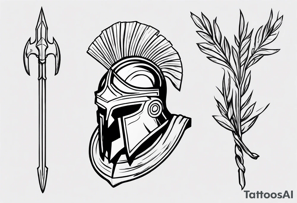 rectangular landscape format ultra-fine line linework vector of a spartan from the side, spartan spear, spartan shield, laurel wreath tattoo idea