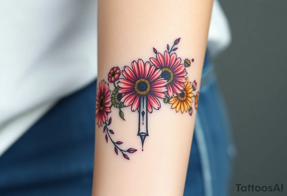 Gerber daisys wrap around wrist to cross on forearm with rich color add cross on forearm more flowers around the wrist and black out cross tattoo idea
