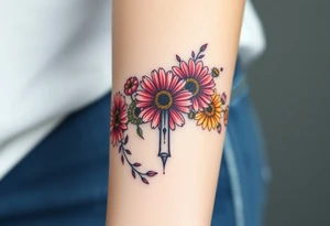 Gerber daisys wrap around wrist to cross on forearm with rich color add cross on forearm more flowers around the wrist and black out cross tattoo idea
