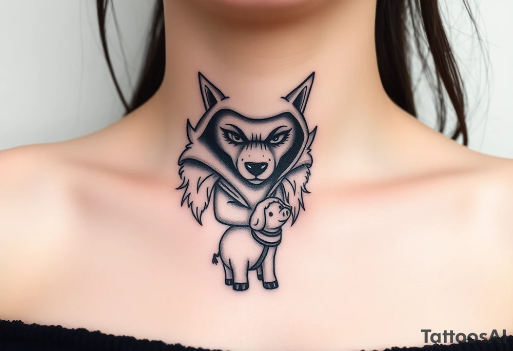 Big bad wolf nursery rhyme wearing a sheep costume with sheep head hood to kill and eat the three little pigs and little red riding hood tattoo idea