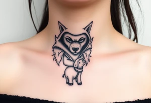 Big bad wolf nursery rhyme wearing a sheep costume with sheep head hood to kill and eat the three little pigs and little red riding hood tattoo idea