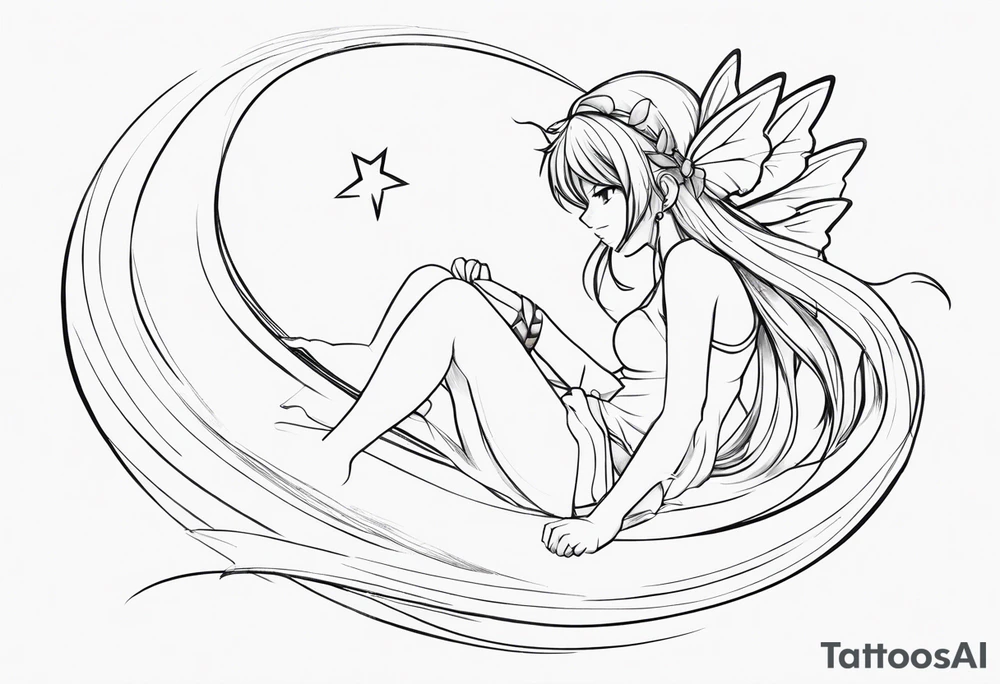No color sketch of a fairy with a tail inspired by the guild symbol in the anime show called Fairy Tail in a fetal position leaning forward while crawled in hugging herself with hands a bit forward and her body is an angle while floating in the air tattoo idea