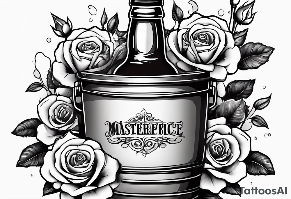 A bottle of beer and a stalk of rose in the bucket tattoo idea