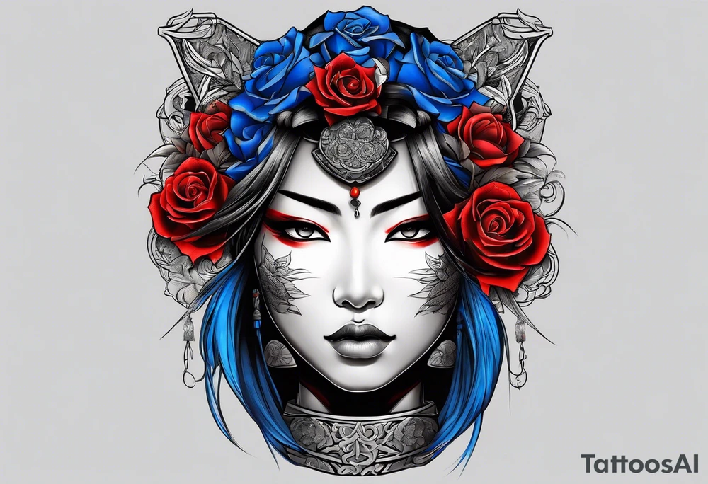 Samurai woman Colored blue and red roses tattoo idea