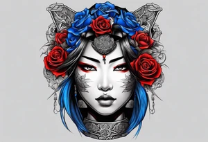 Samurai woman Colored blue and red roses tattoo idea