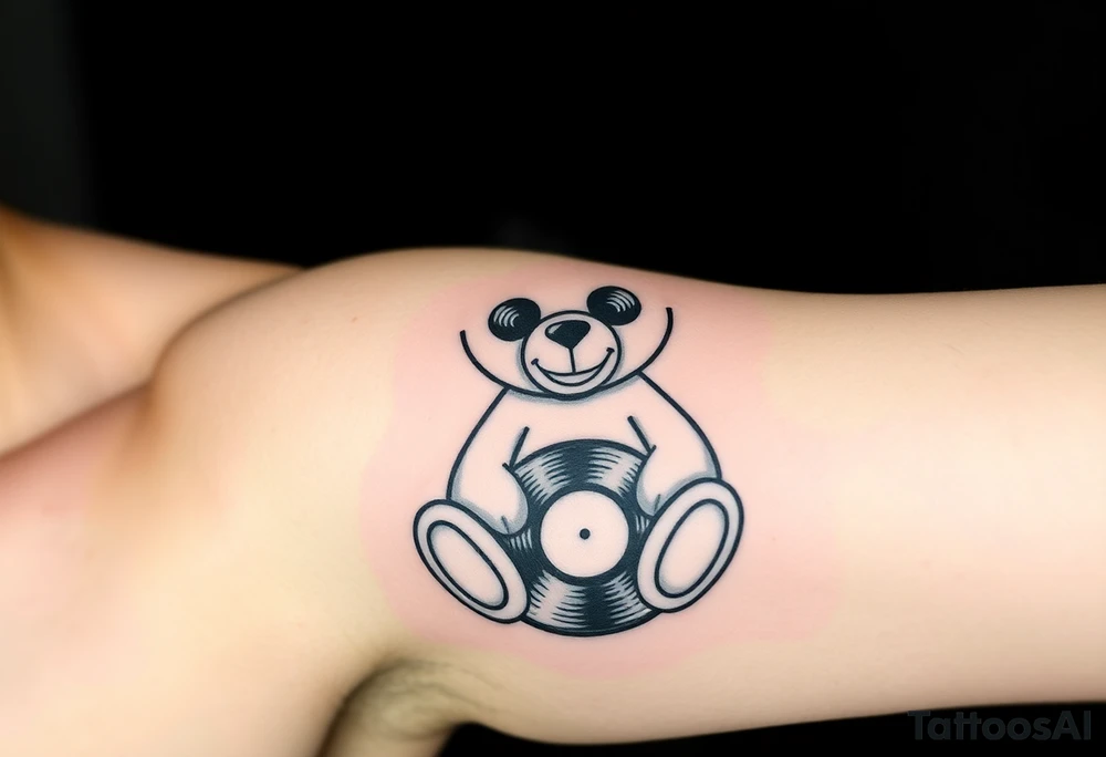 minimalist teddy bear with vinyl records as eyes smiling and sitting on a record yer tattoo idea
