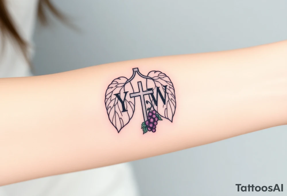 Initials "YH WH" in lungs with cross and grape on vine tattoo idea