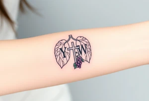 Initials "YH WH" in lungs with cross and grape on vine tattoo idea