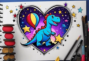 blue, red, pink, yellow, purple ballon on a starry sky lifting  heart a star and a plush dinosour tattoo idea