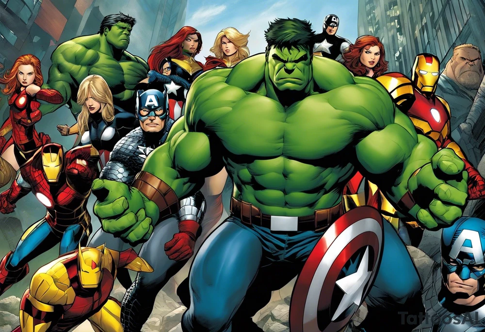 I want to change Avengers Team characters with animals. Hulk will be represented by a Badger.
Thor will be depicted as an Alpha Grey Wolf.
Captain America will be symbolized by a Bull.
Iron Man's character will be embodied by a Canary.
Black Widow's role will be portrayed by an Axolotl.
Hawkeye will be depicted as a Sudan Plated Lizard.
Nick Fury will be represented by a Cat. tattoo idea