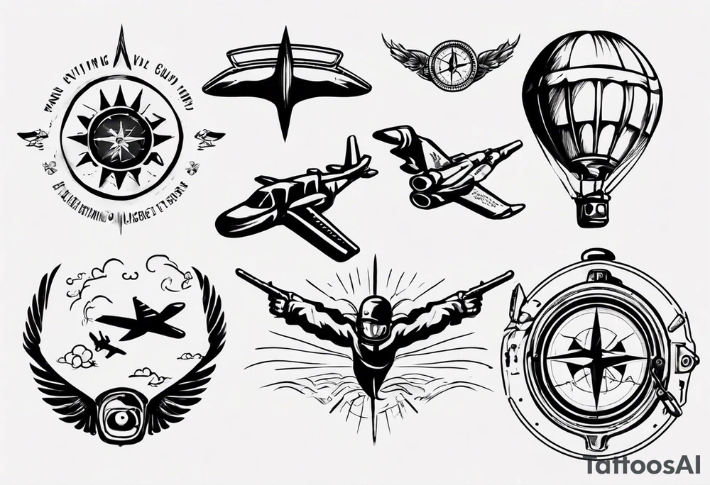 skydiving, shooting guns, compass, adventure tattoo idea