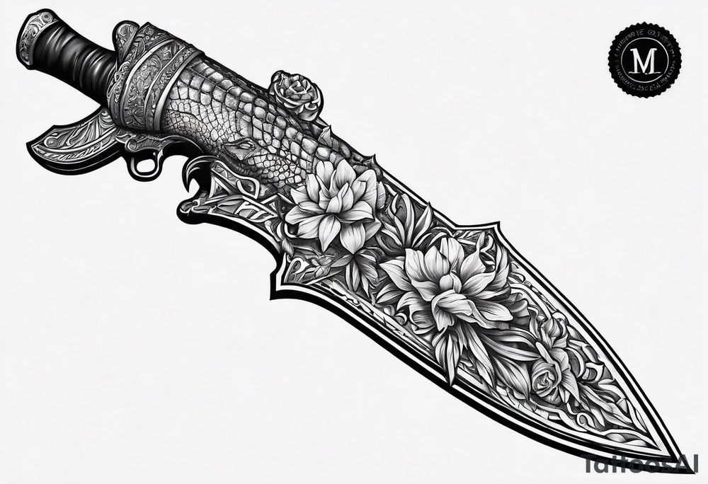 Dagger made out of an alligator with a sexy woman on the handle tattoo idea