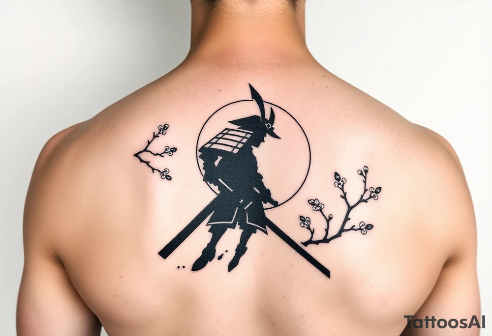 noble samurai warrior silhouette at sunset with cherry blossoms tattoo idea
