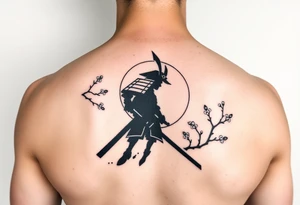 noble samurai warrior silhouette at sunset with cherry blossoms tattoo idea