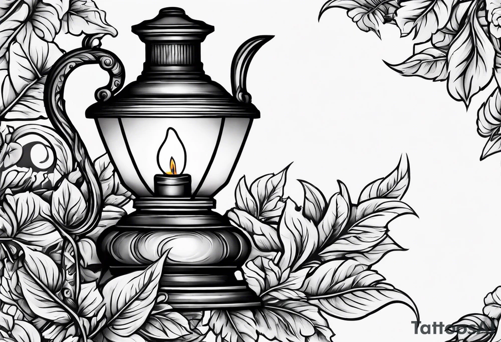 Oil lamp surrounded by leafy vines tattoo idea