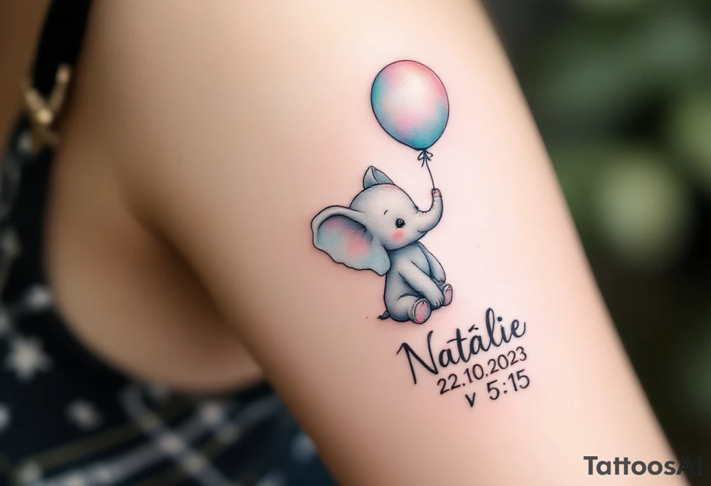 Delicate outline of a baby elephant holding a balloon with name Natálie and numbers 22.10.2023 v 5:15 in pastel peach script. tattoo idea