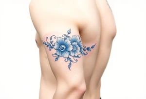 forearm sleeve porcelain blue style with ornate and floral decor with a detailed banded border at the wrist and elbow. tattoo idea