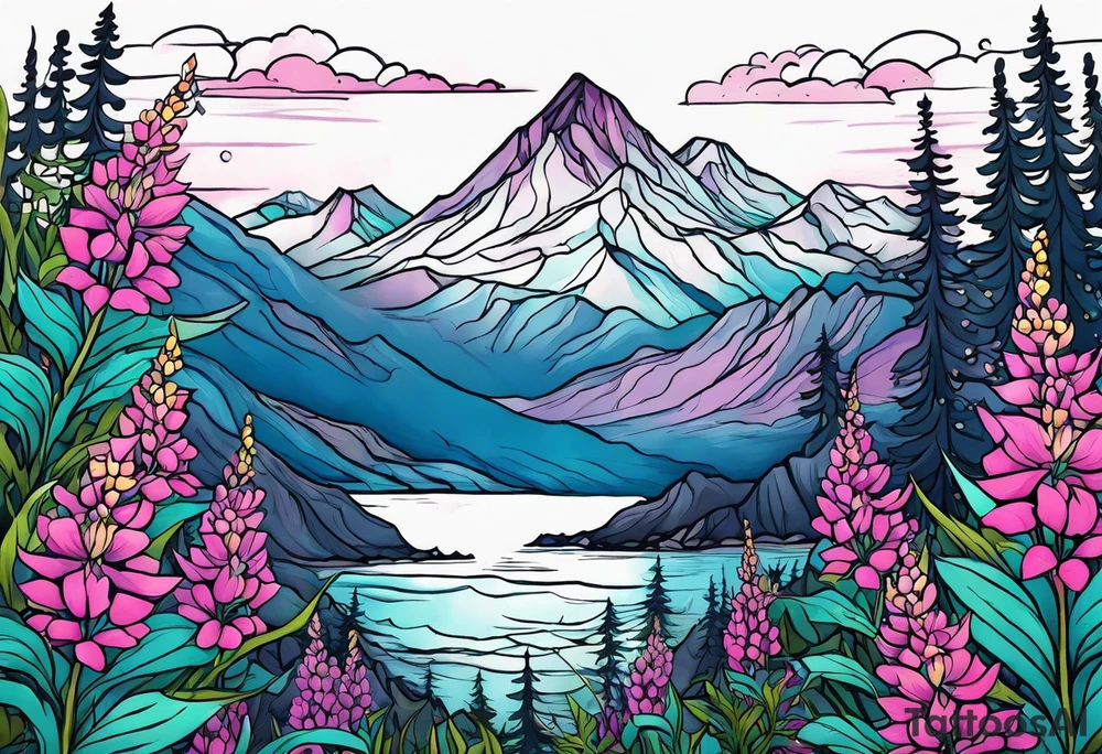 ocean mountains surrounded by lupin and fireweed with vines tattoo idea