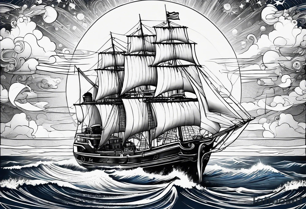 bateau, phare maritime, phoenix et lune bleu. tattoo idea