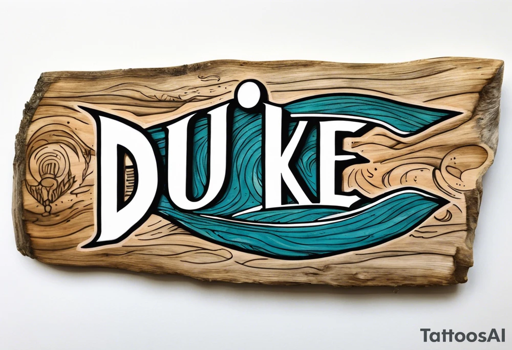 piece of driftwood underwater with the word duke scribed into the wood tattoo idea