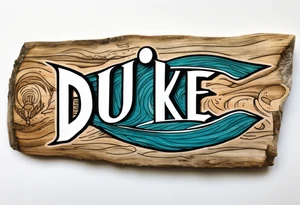 piece of driftwood underwater with the word duke scribed into the wood tattoo idea