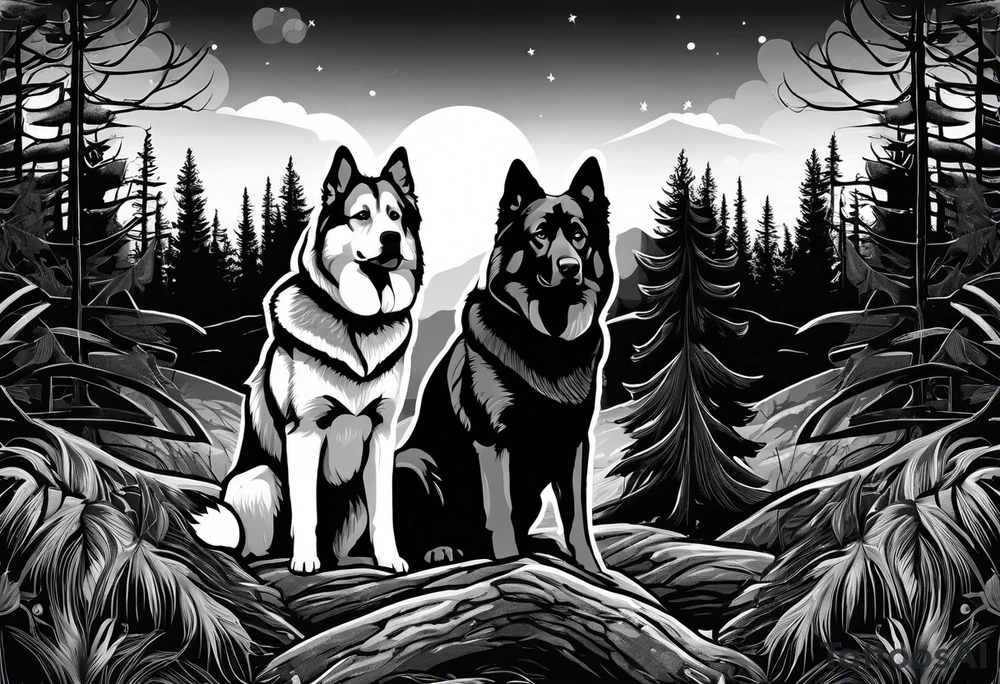 two norwegian elkhounds guarding a dark forest. Make them appear royal tattoo idea
