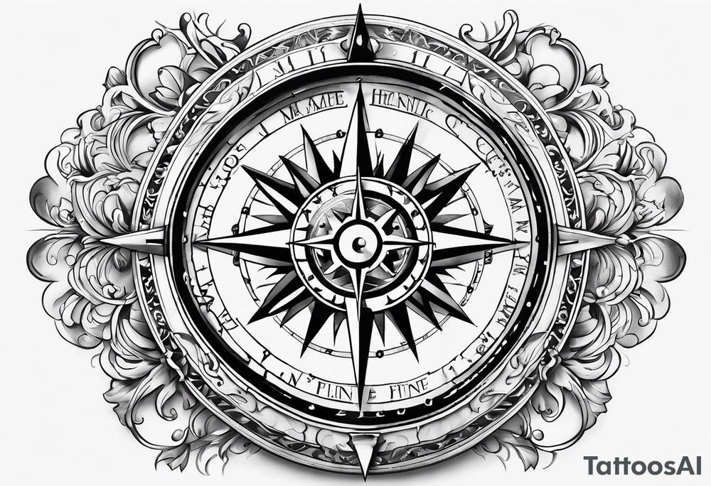 Compass dial with the names Chris Hannah Holly Millie tattoo idea