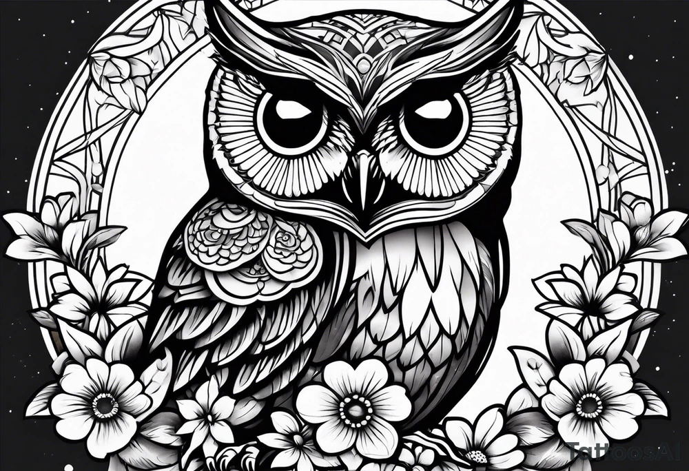 female owl with flowers tattoo idea