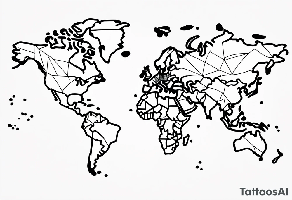 minimalist tattoo, using a single line to draw the extern contour of the world map with the 5 continents, white background tattoo idea