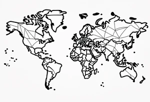 minimalist tattoo, using a single line to draw the extern contour of the world map with the 5 continents, white background tattoo idea