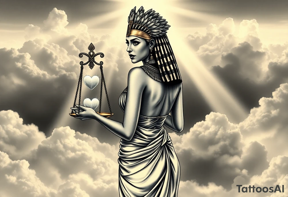 beautiful Egyptian goddess stands with her back slightly turned, accentuating her figure. Wearing a silk gown. She wears an elaborate ostrich feather headdress and ornate, intricate ancient Egyptian jewelry draped across her body. Her expression is mysterious and confident. In one hand, she holds the Scales of Justice: one side holds a radiant, glowing heart; the other, Ma’at’s feather. The scales themselves shimmer with an otherworldly light.
The background is a surreal, heavenly landscape filled with luminous clouds and beams of divine light piercing through, creating dramatic contrasts of deep shadows and highlights. The entire scene is bathed in an ethereal, mystical glow, with a dreamlike, almost supernatural atmosphere. tattoo idea