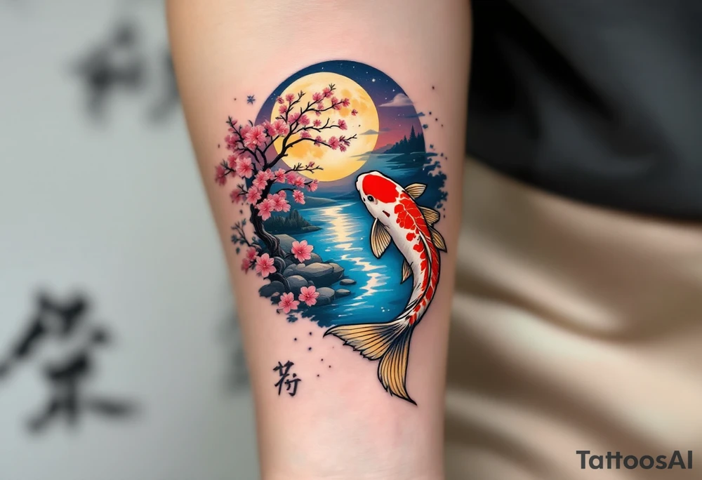 a koi fish swimming upstream in a pond moonlight by the full moon with a sakura tree by the pond tattoo idea