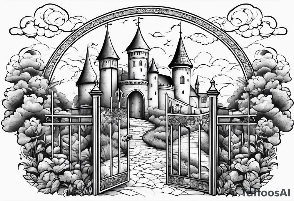 sky medieval town garden with towers small houses gate entrance 
 in rounded vignette surrounded by clouds tattoo idea