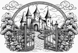 sky medieval town garden with towers small houses gate entrance 
 in rounded vignette surrounded by clouds tattoo idea