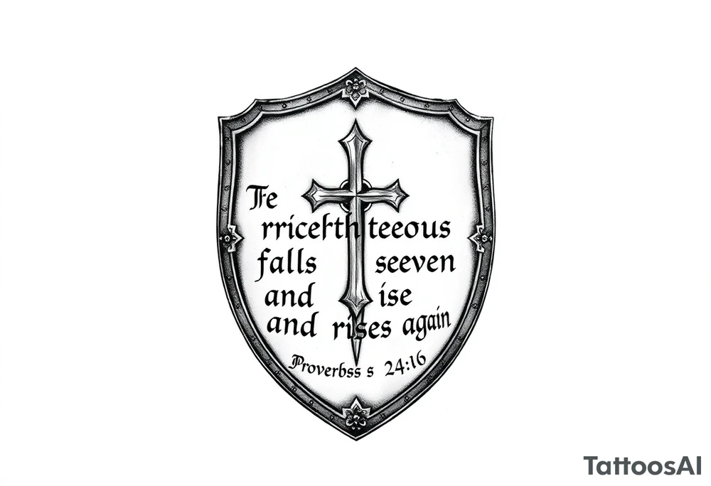 Full upper forearm tattoo design, vertical layout. A detailed medieval shield etched with a sharp Christian cross, sitting flat against a solid stark white background. Woven around the shield, the full bible verse text is clearly written in a bold medieval gothic font: "For the righteous falls seven times and rises again." Below the text is the citation "Proverbs 24:16". High contrast black and grey realism, sharp linework, completely solid white background, strictly no clouds. tattoo idea