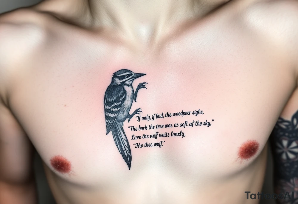 “"If only, if only," the woodpecker sighs,

The bark on the tree was as soft as the sky.

As the wolf waits below, so hungry and lonely,

He cries to the moon, "If only, if only."” 
written as a tattoo on rib cage tattoo idea
