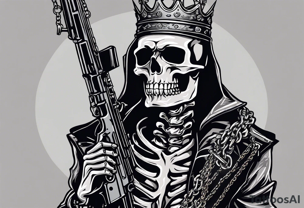 image of a skeleton standing frontally with a crown on his head, holding an AK-47 on his shoulder with his right hand. The chain on the left should be taut, there are three angry barking Dobermans in it, near the waist tattoo idea