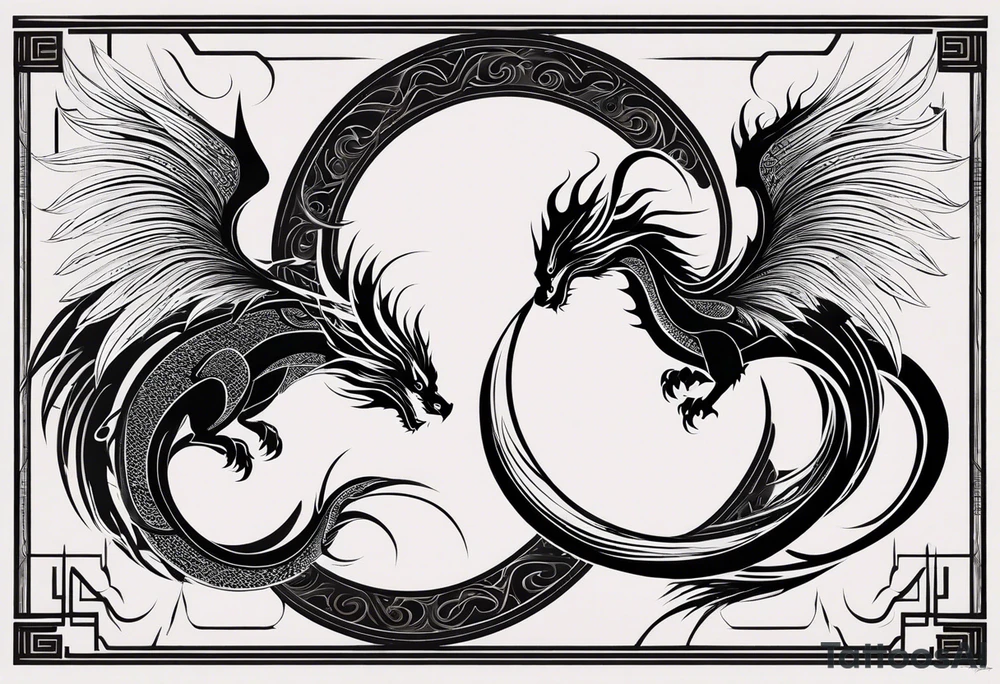 For a Gen Z-inspired dragon and phoenix tattoo, think of a clean, minimalist design that combines symbolism with bold, sleek lines. Imagine a dragon and phoenix spiraling together in a yin-yang-inspired layout. The dragon has a slightly abstract, modern shape, with sharp, flowing lines to show power, resilience, and wisdom, while the phoenix is rendered with sweeping curves and minimal detailing, symbolizing rebirth, growth, and transformation.

Both creatures should interact harmoniously, representing balance and duality. To keep it meaningful, focus on line work rather than intricate shading—clear, open spaces allow the tattoo to feel light and energetic. Adding small symbols, like stars or a faint galaxy backdrop, can enhance the "rising from ashes" and "strength through challenge" themes. This design will appeal timelessly while resonating with Gen Z’s love for symbolism and simplicity. tattoo idea
