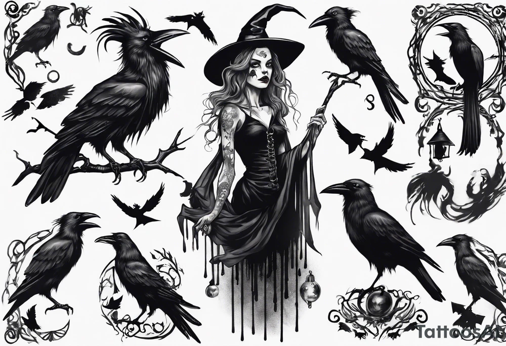 a witch with crows in black and white tattoo idea