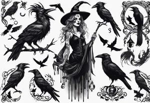 a witch with crows in black and white tattoo idea