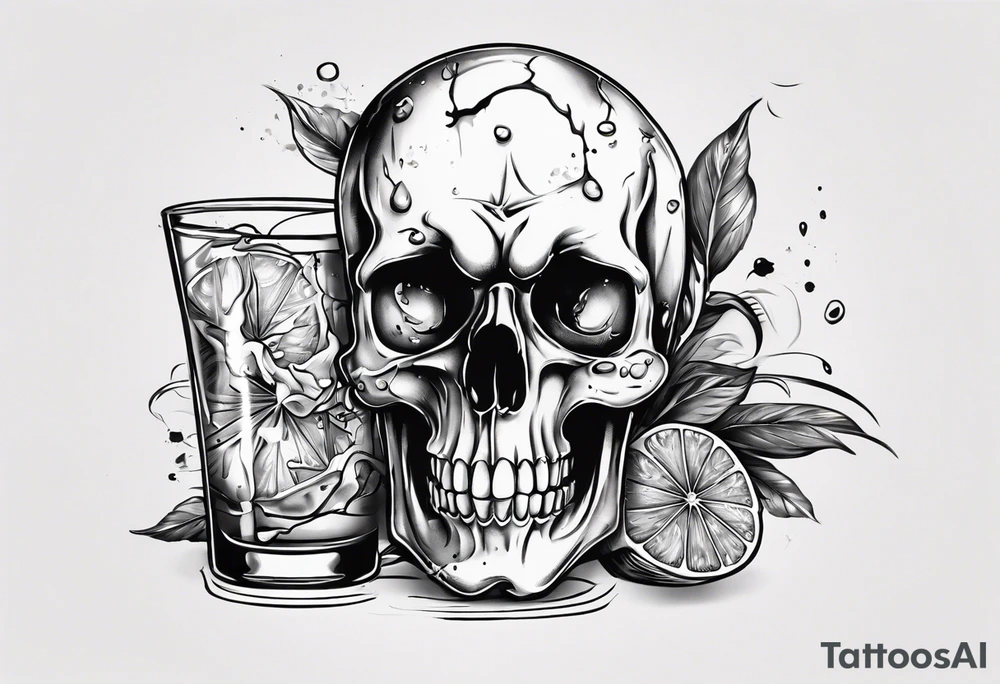 A scull in the glass with alcohol and piece of lime tattoo idea