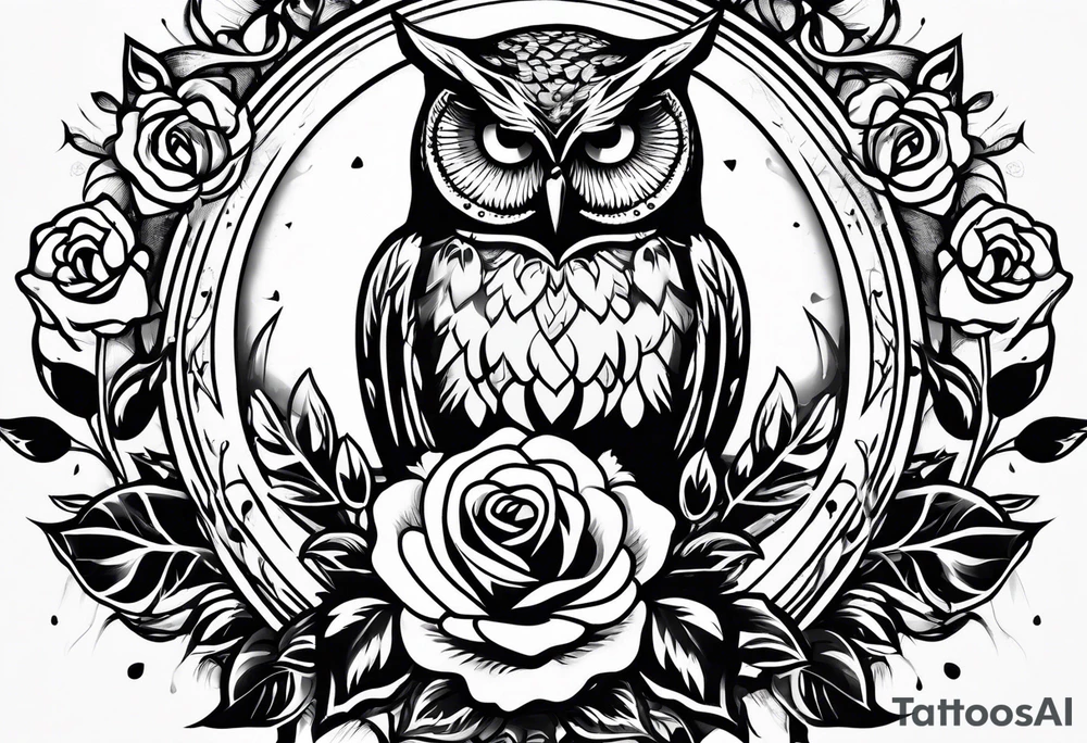 An owl, a rose, a paw print tattoo idea