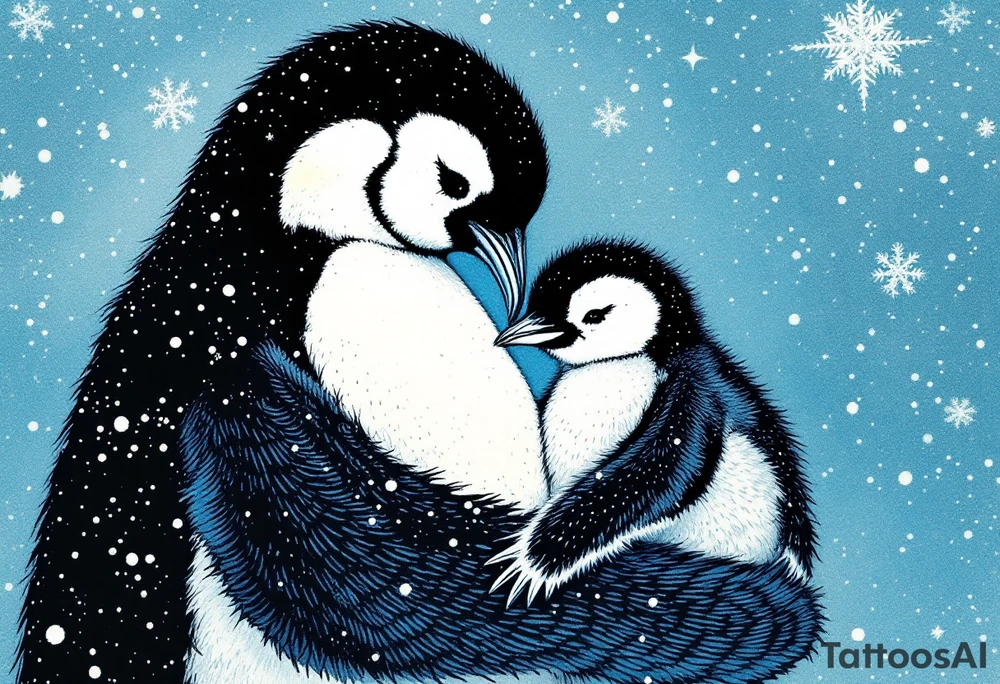 A penguin mother in black and white cuddling her chick in a snowy blue background shows warmth and constant presence. tattoo idea