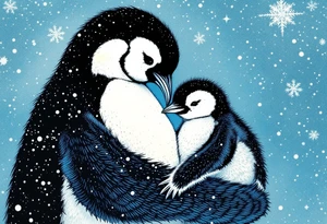 A penguin mother in black and white cuddling her chick in a snowy blue background shows warmth and constant presence. tattoo idea
